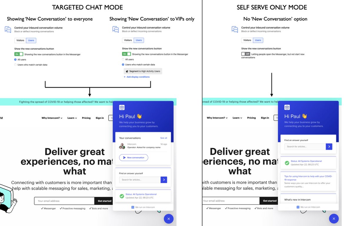 1/ Support teams the world over are struggling with huge increases in volume. Be nice to them!  We just shipped a huge change to how  @intercom works so they can provide better support, to more people, with fewer resources. You can now set up our Messenger in different modes..