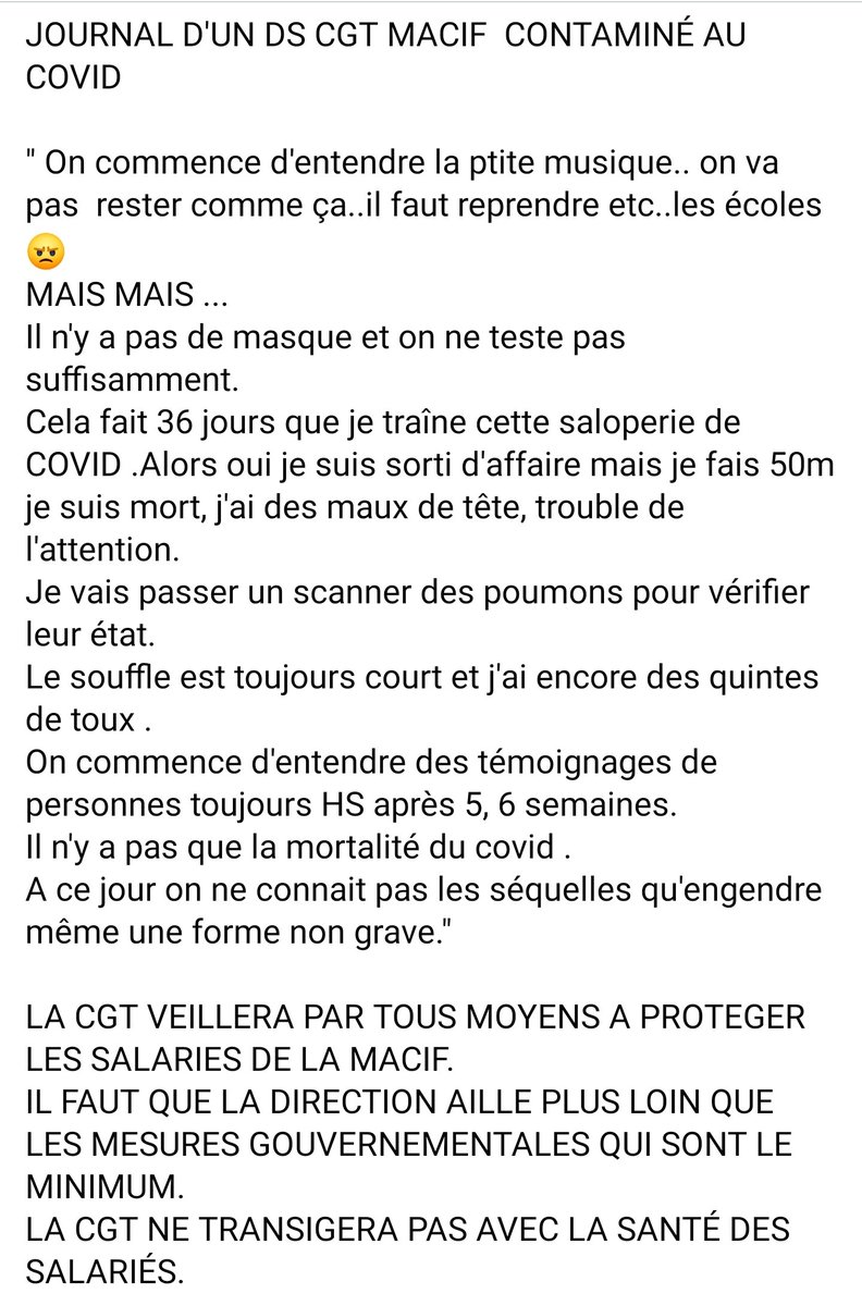 MacifM's tweet photo. Les élus CGT MACIF demandent à être associés aux décisions de la direction concernant le déconfinement et les mesures à prendre.
La direction ne peut seule étaler son plan de manière unilatérale. L'expertise et les préconisations des élus sont essentielles.
#COVID19france #ess https://t.co/OEcBuoOt03