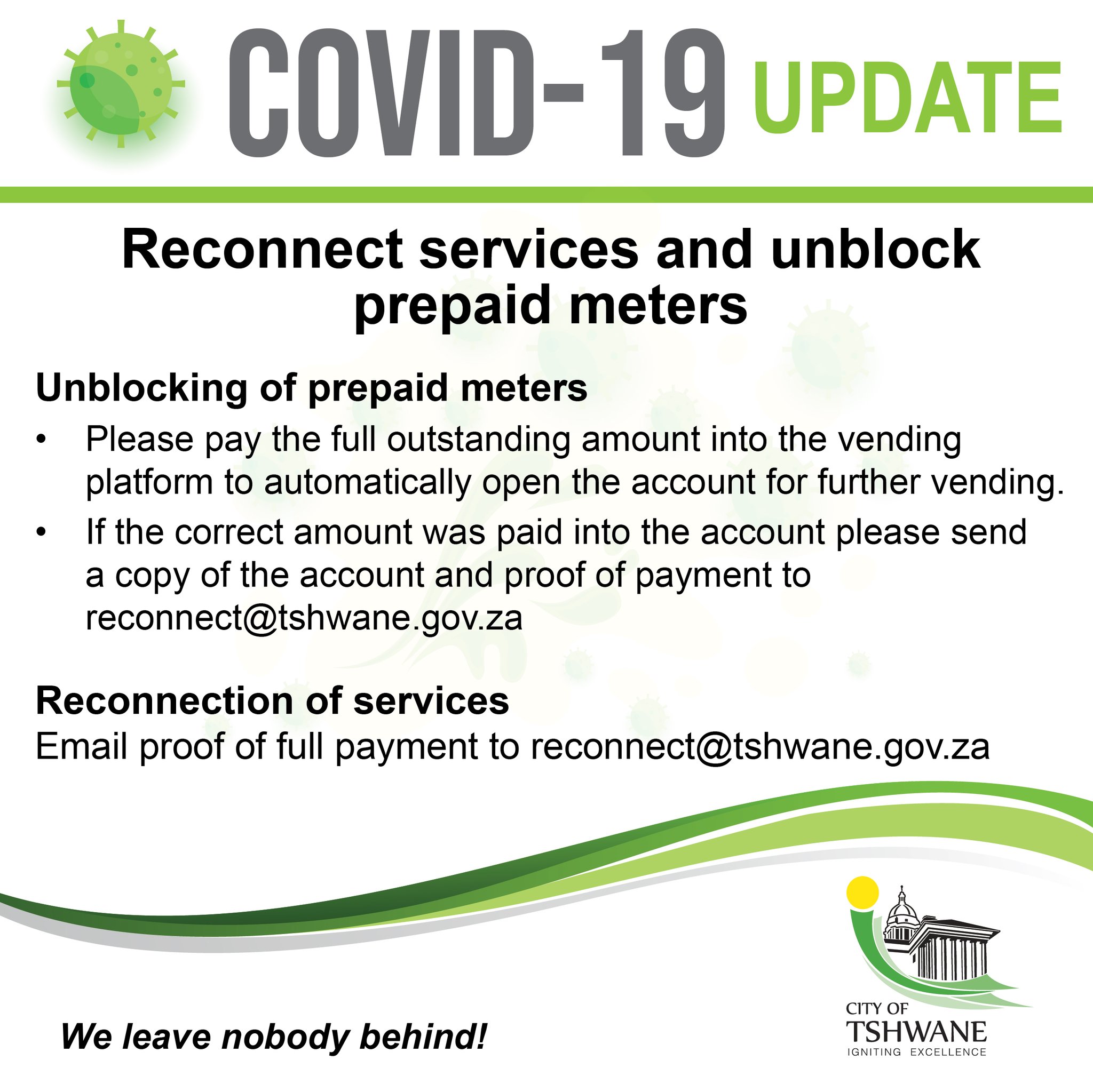 City Of Tshwane On Twitter Reconnect Services And Unblock Prepaid Meters Yes You Can Still Access Some Of Our Services Even During Covid19insa Lockdown Period Https T Co Jtpe1otzhd