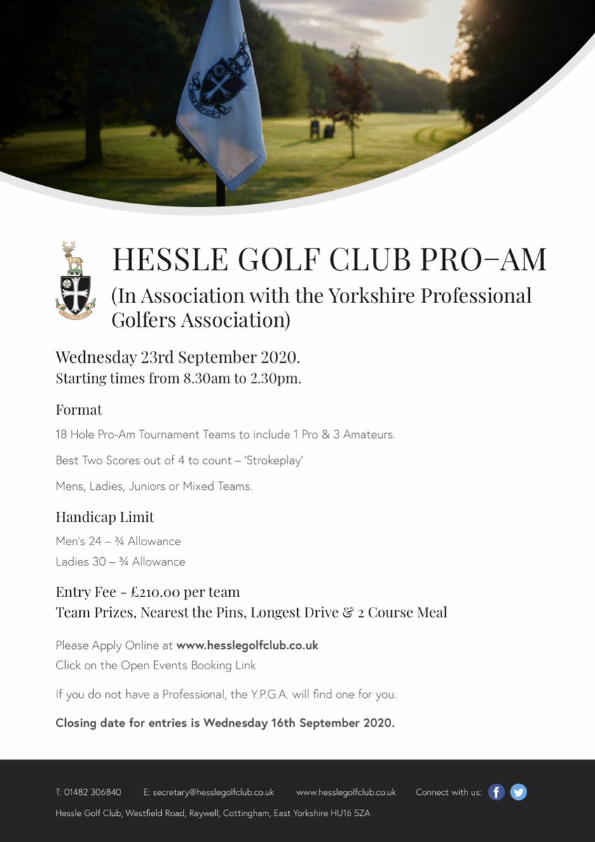 NEW DATE!!!

HESSLE PRO AM - 23rd Sept

Fantastic Pro Am with a quality prize table 👌

Contact either <a href="/hesslegolfclub/">Hessle Golf Club</a> <a href="/hesslegolfpro/">Steve Alsop</a> or <a href="/PGAYorkshire/">PGA in Yorkshire</a> to enter your team