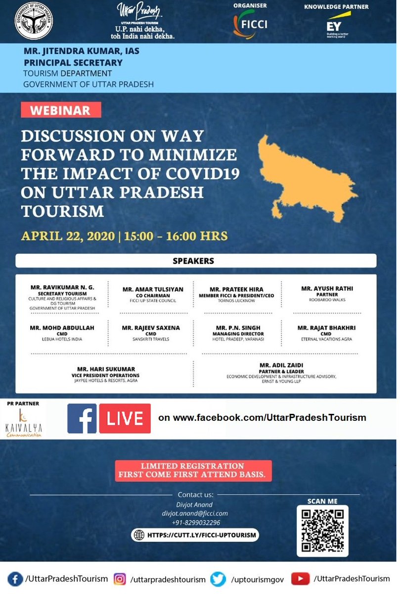 uptourismgov's tweet photo. Watch 'Facebook Live' - Discussion on ' Way forward to minimize the impact of COVID-19 on Uttar Pradesh Tourism' happening on Webinar at 15:00 hrs today.
#UPTourism #WebinarDiscussion #COVID-19 #StayHomeStaySafe https://t.co/MfkRkCCGDx
