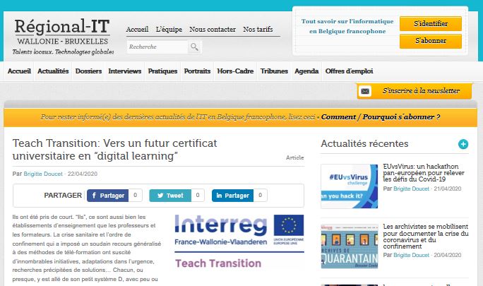 Retrouvez en "une" de #Regional-IT le projet Interreg "Teach Transition" mené par l'Ee-Campus et ses partenaires pour la création d’un nouveau certificat universitaire, valorisable en France et en Belgique, sur la transition numérique des métiers de l’enseignement/de la formation
