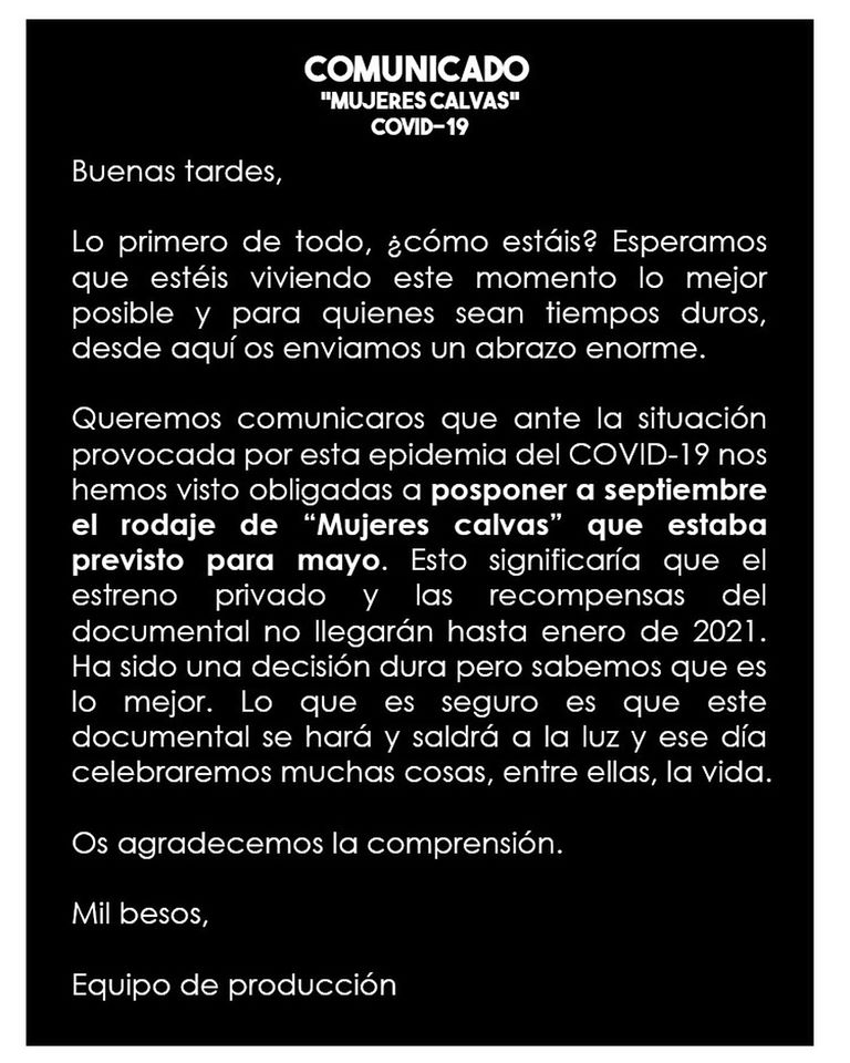 Esperamos que estéis lo mejor posible. Queremos comunicaros que ante la situación provocada por el COVID-19 nos hemos visto obligadas a posponer a septiembre el rodaje del documental “Mujeres calvas”. Os mantendremos informadxs✨
