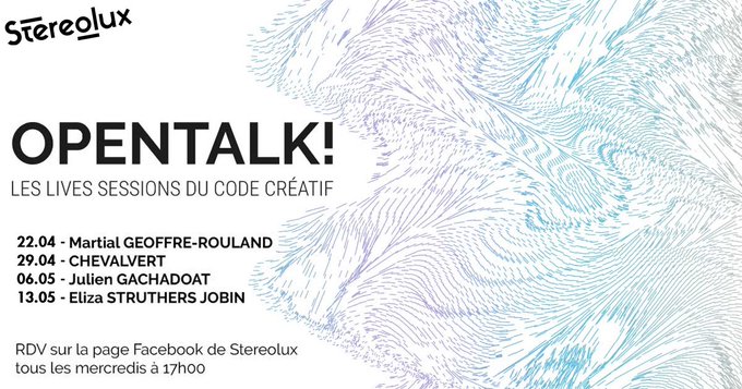 v3ga's tweet image. 🗣 OpenTalk! by @StereoluxLab are one hour #creativecoding sessions online (in french), every wednesday afternoon until 13.05
—
📃 facebook.com/pg/stereolux.n…
— 
👉🏼Premiere at 5 pm today ! with @martialtwist👈🏼
— 
👁️"Tear" pattern by me  used for the communication. 

#CodeCréatif