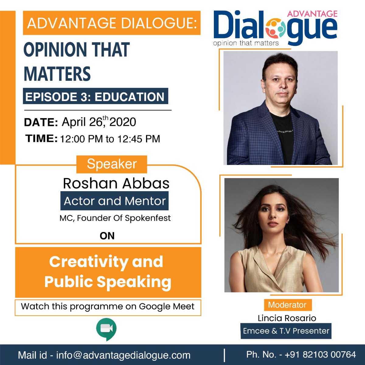 ahmadkhurshid78's tweet photo. Episode 3, Advantage Dialogue:
Introducing our next speaker Roshan Abbas, Actor and Mentor
Moderated by: Lincia Rosario, Emcee & T.V Presenter
-
#AdvantageDialogue #AdvantageConclave @roshanabbas @linciarosario https://t.co/k4kUzd9w0q