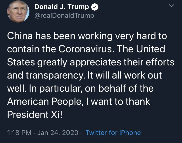 (THREAD) Trump coronavirus tweets.Praising China, the CDC, and the WHO. Stock market looking good with Dow at ~28k.Saying that he is working hard to keep numbers low (lack of testing keeps confirmed cases low).Blaming others for the stock market.