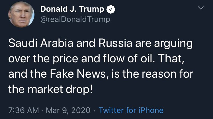 (THREAD) Trump coronavirus tweets.Praising China, the CDC, and the WHO. Stock market looking good with Dow at ~28k.Saying that he is working hard to keep numbers low (lack of testing keeps confirmed cases low).Blaming others for the stock market.