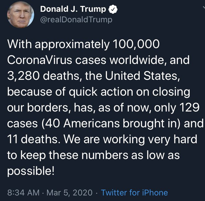 (THREAD) Trump coronavirus tweets.Praising China, the CDC, and the WHO. Stock market looking good with Dow at ~28k.Saying that he is working hard to keep numbers low (lack of testing keeps confirmed cases low).Blaming others for the stock market.