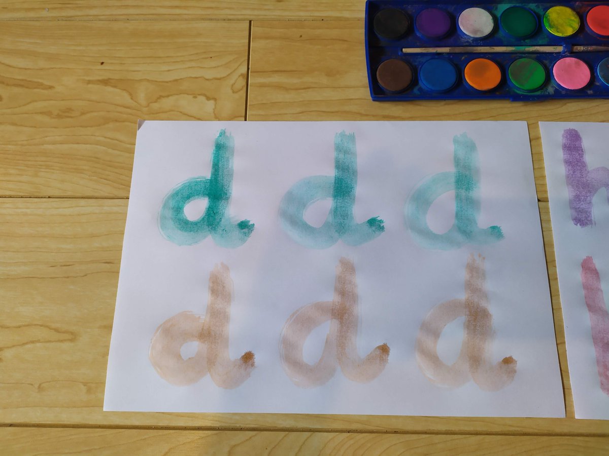 Room5Cronans's tweet photo. This week we are looking back at Dippy Duck and Harry Hatman. There are lots of ways to practice forming the letters. 
I decided to use paint this morning. I sang the letter formation song from Letterland and took my time as I formed my letters. What could you do? https://t.co/Nx5oJEX7HA
