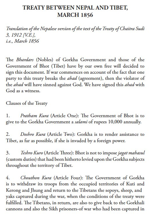 Finally, a peace treaty is signed, accepting Tibet's vassalage to Nepal. It's a different thing altogether that this war was the reason for the rise of Jang Bahadur Rana and the reason he sold Nepalese Army which marched to support Nana Sahib to the British for £20,000.