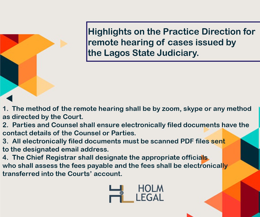 HolmLegal's tweet photo. The practice direction issued by the Chief Judge of Lagos state applies to urgent new cases or pending cases involving urgent, important or time bound applications.
#holmlegal #StayHome #StaySafe #wednesdaymorning #litigation #practicedirection #lagos #SHC #judiciary https://t.co/jBuB5GZQNo