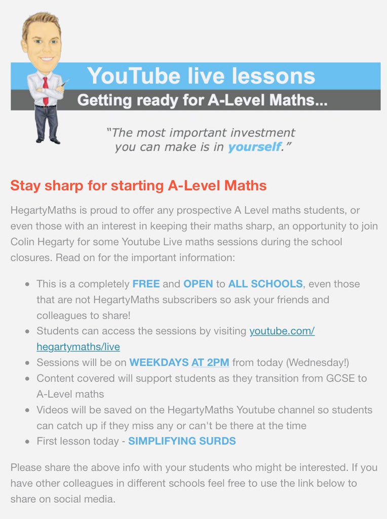 UckColl_Maths's tweet photo. Calling all future A-LEVEL MATHS STUDENTS.

Get prepared for A-Level Maths with @hegartymaths 

LIVE LESSONS EVERY WEEKDAY AT 2PM

https://t.co/Ux5I9wbk83…

#lovelearningforlife #maths #alevelmathsprep #thankyoumrhegarty https://t.co/u8OwKF0YFX
