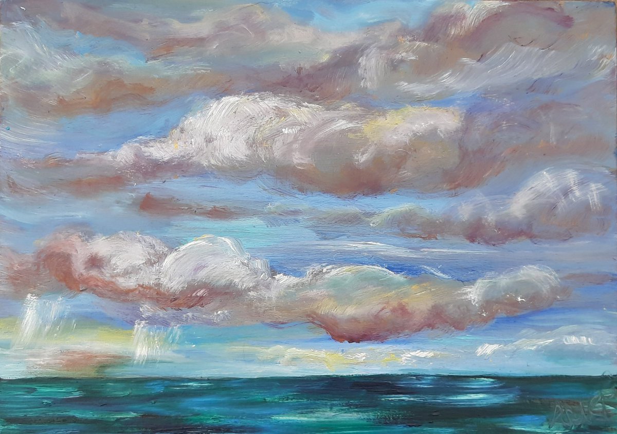 PurcellNiki's tweet photo. I do a lot of Cloud watching as I walk along the cliffs near my home.. one day on my way back I saw a cloud sitting on the horizon filled with a rainbow...it seemed to glow and dance with colour...
Here is my version
#stayinghome #clouds #irishart #skyfullofclouds https://t.co/BwFPTSeMfk