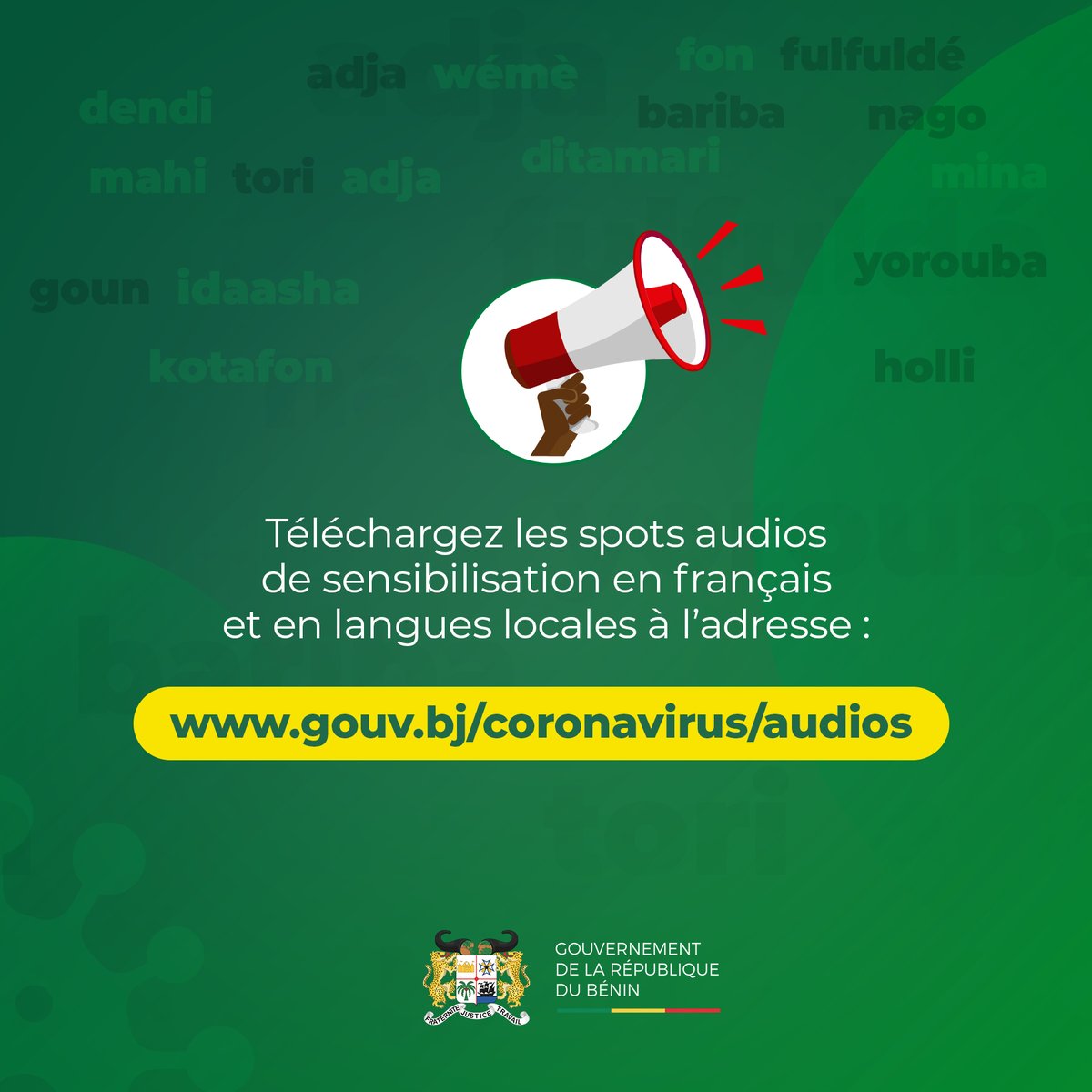 gouvbenin's tweet photo. Mi non do Fongbé a? 
Mi toun mindé bo éssé fongbé a?
Mi bo "télécharger"😃😃 
Chers twittos du #229 #teamBenin, merci de traduire la suite pour avoir le spot audio en FON sur le port obligatoire de masque contre le #Covid19 #Coronavirus => 
https://t.co/1rV47FSnFj https://t.co/WyFdoPo2bM