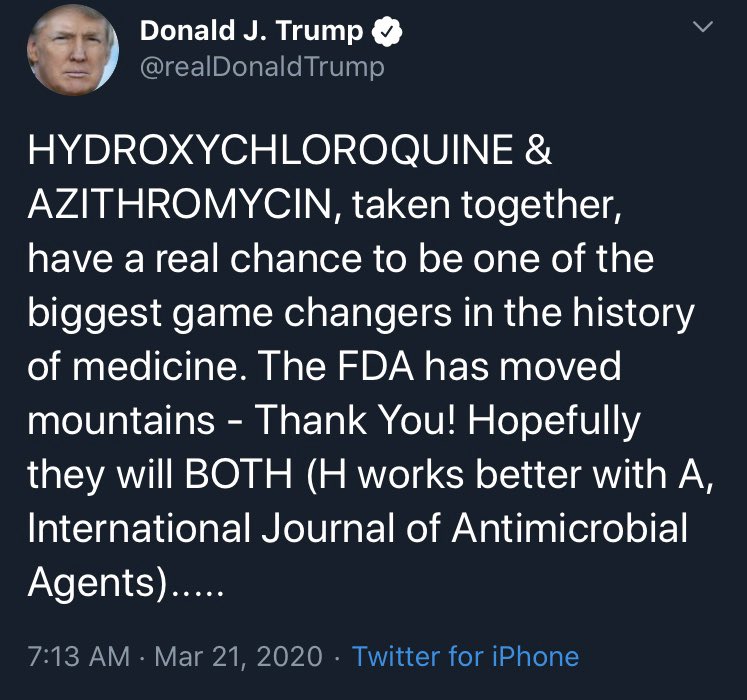1/ Pushing hydroxychloroquine and azithromycin, which Trump wanted put in use immediately on March 21st.Attacking MSNBC and CNN for making the “Caronavirus” look bad, in a quote from Trish Regan, who Fox later fired.