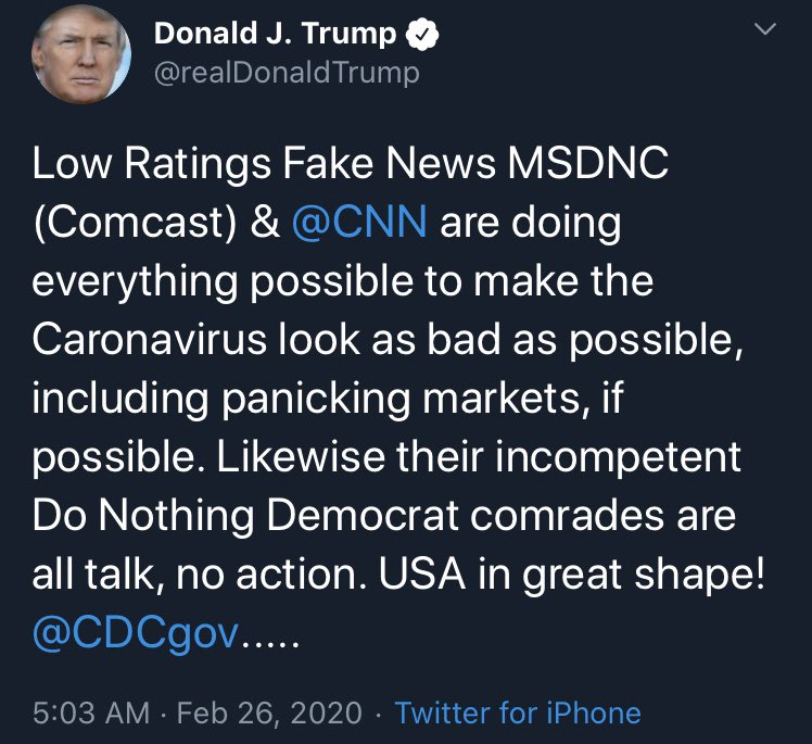 1/ Pushing hydroxychloroquine and azithromycin, which Trump wanted put in use immediately on March 21st.Attacking MSNBC and CNN for making the “Caronavirus” look bad, in a quote from Trish Regan, who Fox later fired.