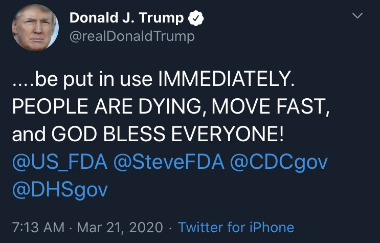 1/ Pushing hydroxychloroquine and azithromycin, which Trump wanted put in use immediately on March 21st.Attacking MSNBC and CNN for making the “Caronavirus” look bad, in a quote from Trish Regan, who Fox later fired.