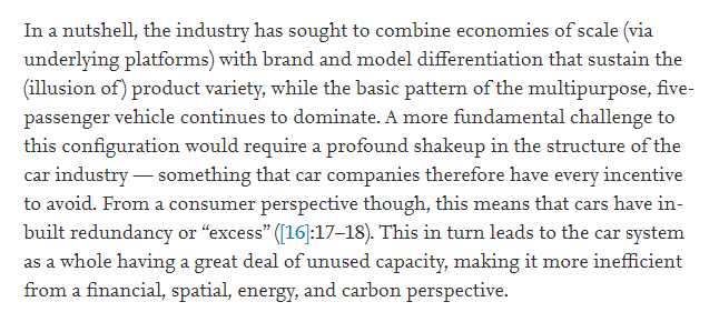 Biggest wake-up call for me: Capital intensiveness/economies of scale in car industry are at the root the problem. Inflexible modes of production privilege standard products, limiting room for innovation (including for sustainability). 2/x