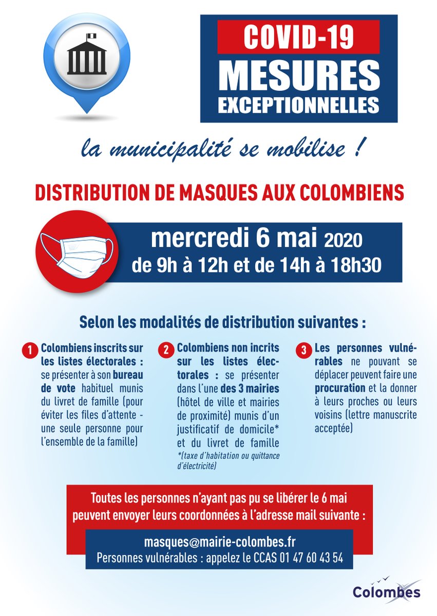 VilleColombes's tweet photo. #lamunicipalitesemobilise #covid19
⚠ Distribution de masques aux Colombiens ⚠
📆 Mercredi 6 mai 2020
🕘 De 9h à 12h et de 14h à 18h30
➡️ Indisponibles le 6 mai ? Envoyez vos coordonnées à masques@mairie-colombes.fr
➡️ Personnes vulnérables: contactez le CCAS ☎️ 0147604354 https://t.co/sJzoAzjN0b