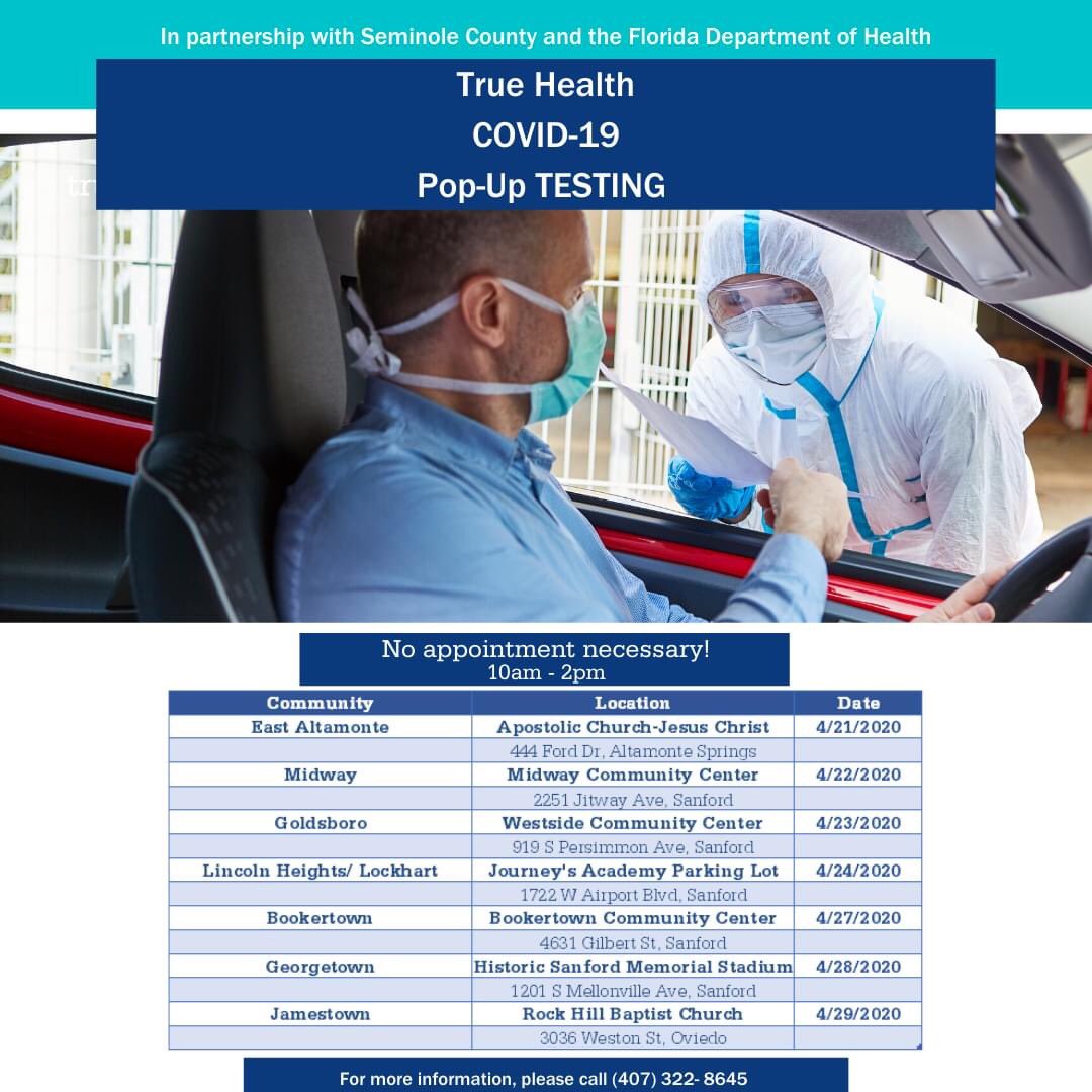 MidwayCoalition's tweet photo. COVID-19 Testing Today‼️

The FL Department of Health-Seminole and @SeminoleCounty in partnership with @TrueHealthFL will provide FREE drive-up/walk-up testing April 22nd at the Midway Community Center From 10AM - 2PM.

No appointment, no symptoms needed! Bring a photo ID. https://t.co/dJfei7EbpC