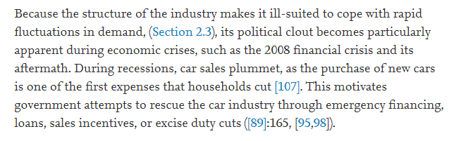 The economics of manufacturing, the auto industry's "too big to fail" status in the economy, the cyclicality of the car market, and the industry's political clout contribute to its constant need for bailouts during difficult economic times. (Like, for instance, right now.) 3/x