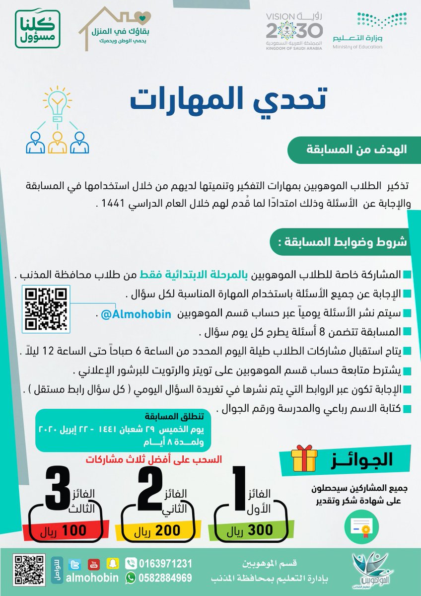 AlMohobin's tweet photo. 💡|إعلان 💥
موهوبينا بالمرحلة الابتدائية 
#الموهوبين_تعليم_المذنب
بقاؤكم في المنزل يحمي الوطن ويحميكم 
استمروا معنا وشاركوا في #تحدي_المهارات 
جوائز نقدية بإنتظاركم .
🎉🎉🥇🥈🥉
اطلعوا على البرشور المرفق 👇
#خليك_بالبيت 
#كلنا_مسؤول 
#فيروس_كورونا_المستجدّ https://t.co/qgzqELAjsq