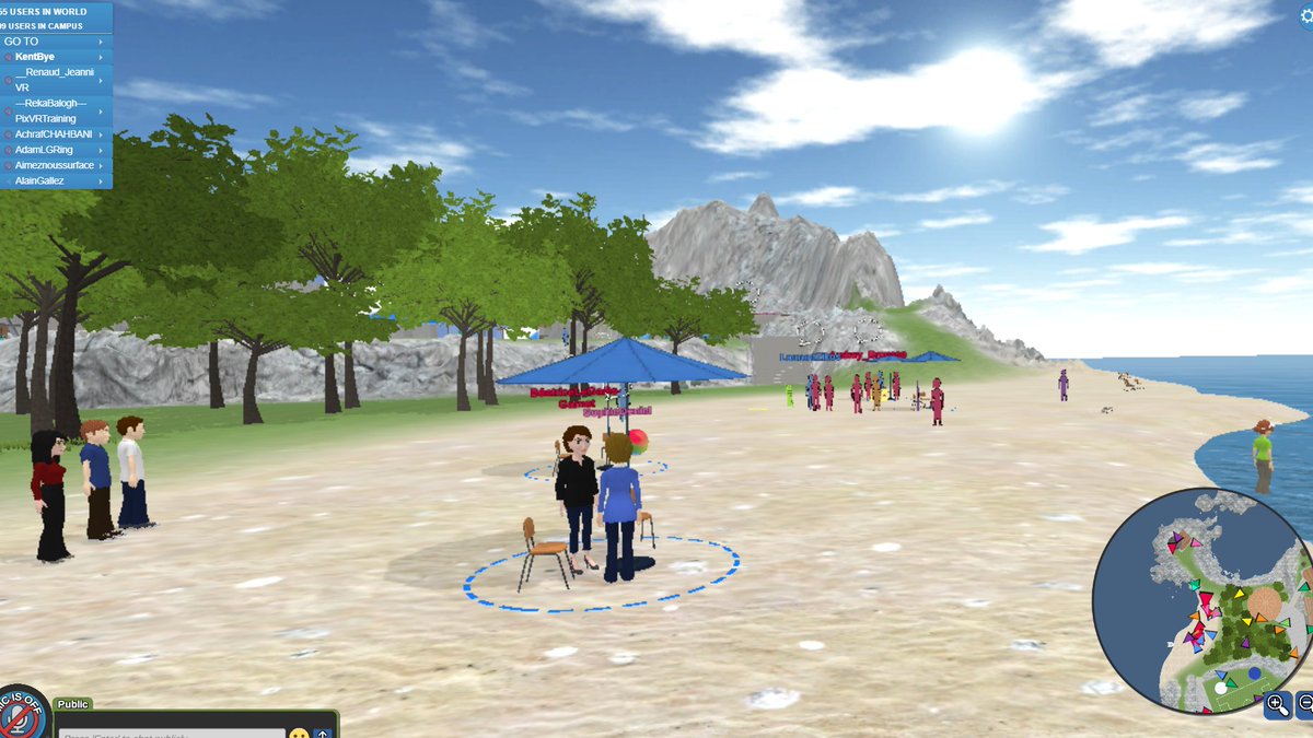 7/ People seem to be clustering on the beach here to hang out & chat. I'm noticing how people are actually aggregating around the virtual umbrellas with a circle projected onto the ground.  #lavalVirtualWorld