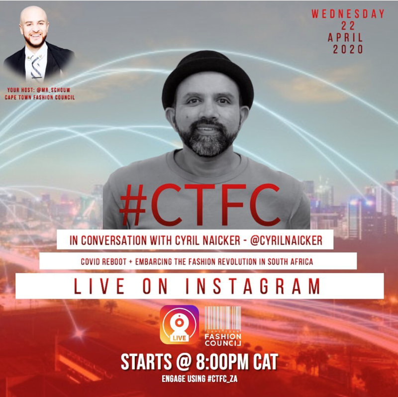 ctfc_za's tweet image. Join Fashion Revolution Week 2020 - mailchi.mp/b19b088154cf/f…
Instagram Live Chat with Cyril Niacker @ Ctfc_za / Become a Fashion Revolutionary and sign the Manifesto / Letter from the Fashion Revolution Team