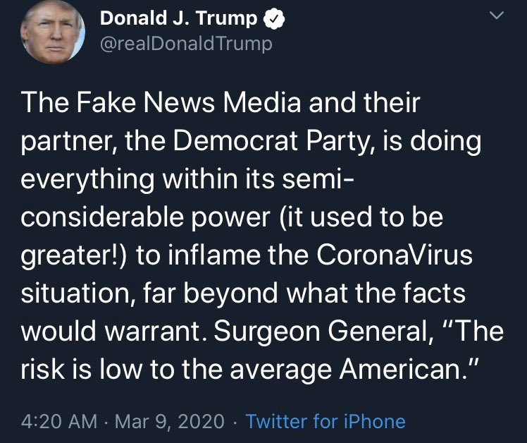 2/ Downplaying the “CoronaVirus” by referencing the Surgeon General and numbers for the flu.“Much respect!” for China on March 26th.Focusing on “Ratings” on a day when 2800 died of COVID-19 in the US.