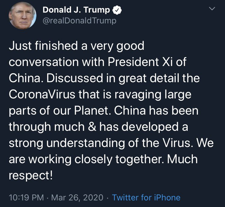 2/ Downplaying the “CoronaVirus” by referencing the Surgeon General and numbers for the flu.“Much respect!” for China on March 26th.Focusing on “Ratings” on a day when 2800 died of COVID-19 in the US.