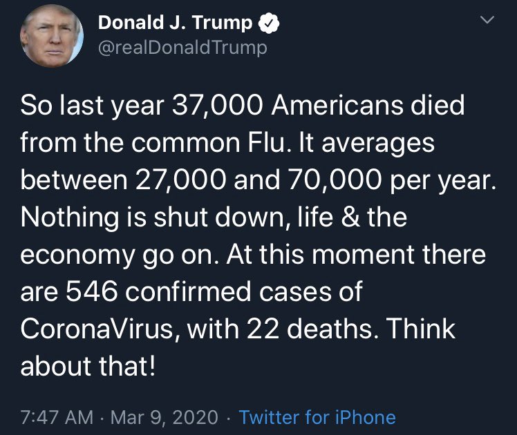 2/ Downplaying the “CoronaVirus” by referencing the Surgeon General and numbers for the flu.“Much respect!” for China on March 26th.Focusing on “Ratings” on a day when 2800 died of COVID-19 in the US.