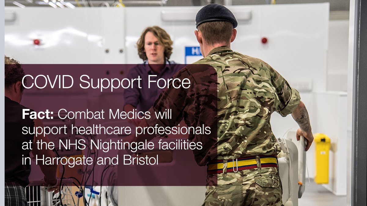 As part of the response to the #coronavirus outbreak, Combat Medical Technicians will deploy this week to the NHS Nightingale facilities in Harrogate and Bristol to support Healthcare professionals. Additional general duties personnel will also deploy. #InThisTogether