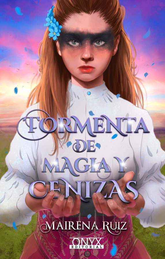 Portada de la novela, con Aileen en primer plano. Lleva el pelo largo semirecogido con nomeolvides, una blusa blanca y una falda rojiza. Las manos, manchadas de cenizas, sostienen la palabra “cenizas” del título. En el cielo tras ella se aproxima una tormenta. Los ojos van enmarcados en kohl negro, cubriendo las sienes, y mira directamente al espectador.