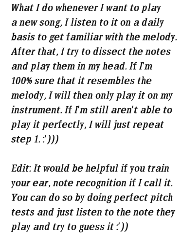 This is how I was able to play any song without sheet music. All I did was listen and do mental practice. I also try to picture that there's a piano in front of me, so I tend to tap any surface while I'm listening to the song. 

#mentalpractice #eartraining #playbymemory