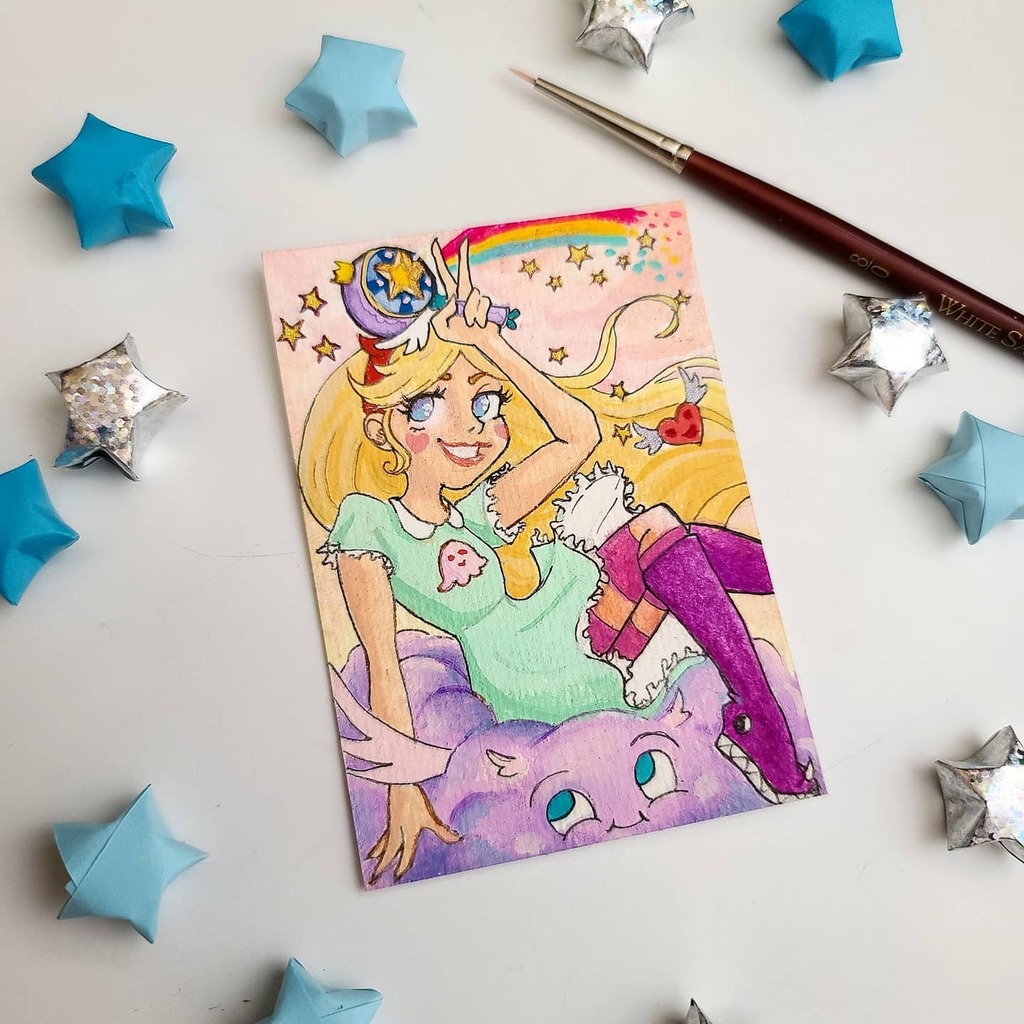 sydycitrine's tweet photo. ⭐Star Butterfly 🦋 
First one of my #sixfanarts challenge that I've been meaning to post! She's painted with gouache on an ATC card (3.5"x2.5") 🖌
I love this series so much it was hard to decide which outfit to draw! I went with her first dress as I love the little octopus/sq… https://t.co/7DJ2eG9SSd