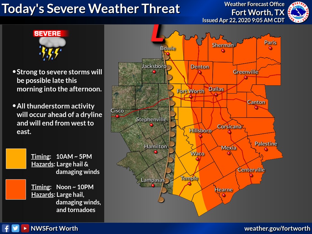Here's the latest timing for today's severe weather threat. Strong to severe storms will be possible through the afternoon hours ahead of a dryline. Large hail, damaging winds, and tornadoes will be possible. Stay weather-aware and have multiple ways to receive warnings! #txwx