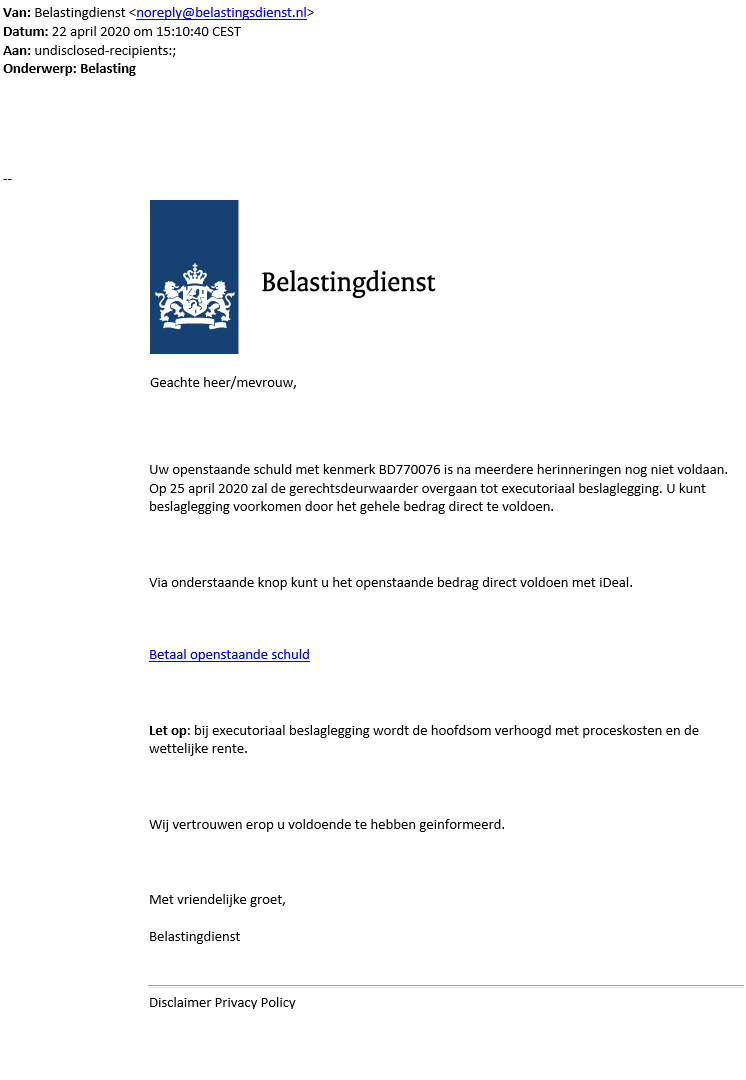kassa_bnnvara's tweet photo. Opgelet: Trap niet in een phishingmail die wordt verstuurd uit naam van de @Belastingdienst De boodschap over een "openstaande schuld" is nep. Klik dus niet op de betaallink, verwijder de mail. Bekijk het voorbeeld → https://t.co/CXAK1TbiEj #KassaTV #belastingdienst https://t.co/jbgbI66mb4