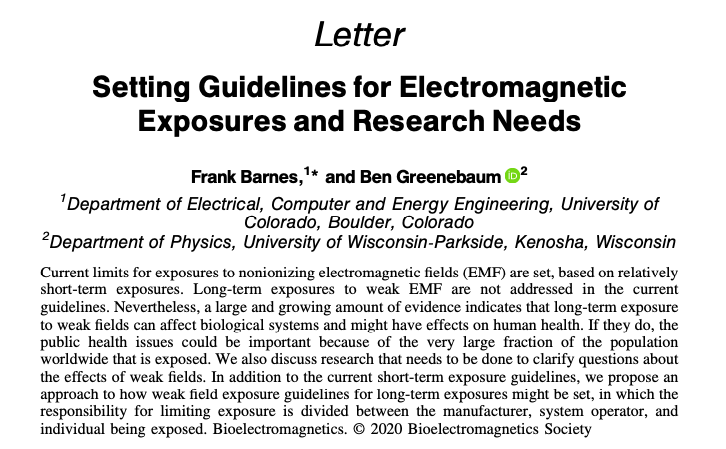 MicrowaveNews's tweet photo. A new approach to #RF guidelines from 2 leaders. They start with this:
"Over the last 20 years the evidence has become extremely strong that weaker EMF over the whole range for frequencies from static through mm waves can modify biological processes."
#5G
https://t.co/y5mr7bi6qK https://t.co/TTdUf7Z6f9
