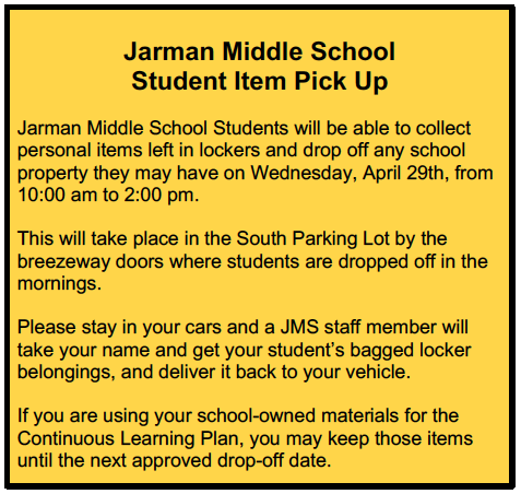 Jarman_Rockets's tweet photo. Rockets you will be able to collect your personal items from your lockers and drop off any school property on Wednesday, April 29th from 10:00 am - 2:00 pm. https://t.co/CGJJPa6SXl