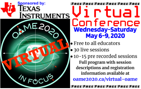 OAMEcounts's tweet photo. The OAME 2020 Virtual Conference is happening!  Registration will open Friday, April 24. Event is free and open to all but we ask that you register in advance. Session times and descriptions at https://t.co/RQ0tL5Wm6g https://t.co/7EDEnWCIf1