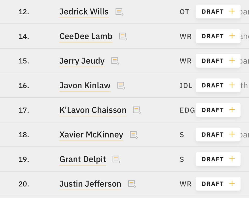 At pick 13 these guys were on the board. So I was more than comfortable moving down as far 20 and feeling like 1 of the guys I really liked would be there. Atlanta came calling. I traded them 13 a 5th and a 7th. They gave me 16 and 78 (3rd round)