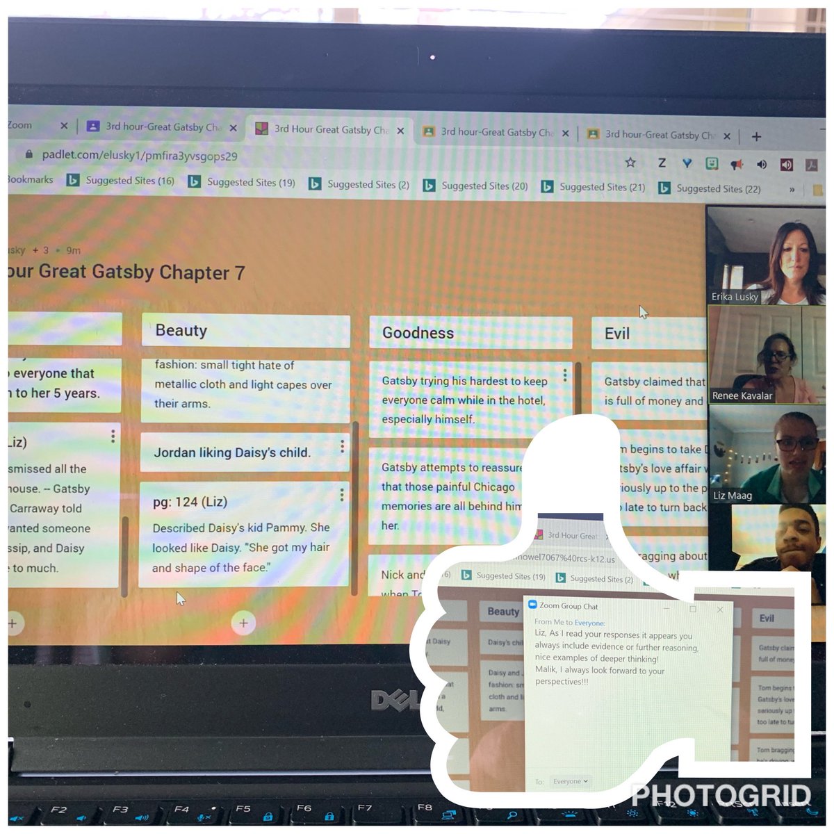 erika_lusky's tweet image. #thinkingroutine Truth &amp;amp; Beauty continues the deep and rich Great Gatsby conversation virtually, student choice to add ‘evil’,  #padlet to share thinking &amp;amp; #zoom chat feature to support immediate feedback to press for deeper thinking &amp;amp; understanding @RHSFalcons @RKavalar