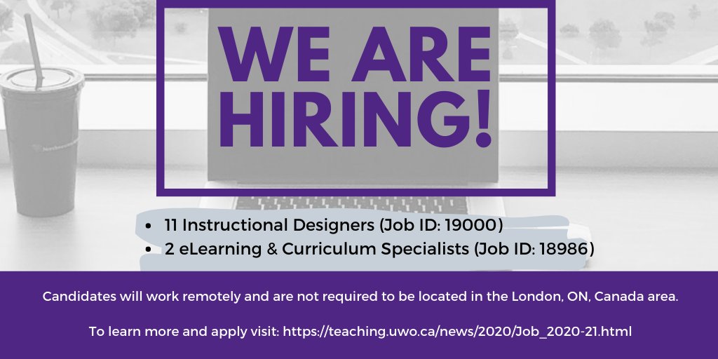Centre for Teaching and Learning (@westernuctl) on Twitter photo We're hiring 11 #Instructional Designers and 2 #eLearning & #Curriculum Specialists on 1-year full-time contracts to support #onlinelearning at <a href="/WesternU/">Western University</a>! Applications are due May 5.
Please share, learn more or apply: teaching.uwo.ca/news/2020/Job_… #JobAd #highered #eddev #edtech We're hiring 11 #Instructional Designers and 2 #eLearning & #Curriculum Specialists on 1-year full-time contracts to support #onlinelearning at <a href="/WesternU/">Western University</a>! Applications are due May 5.
Please share, learn more or apply: teaching.uwo.ca/news/2020/Job_… #JobAd #highered #eddev #edtech