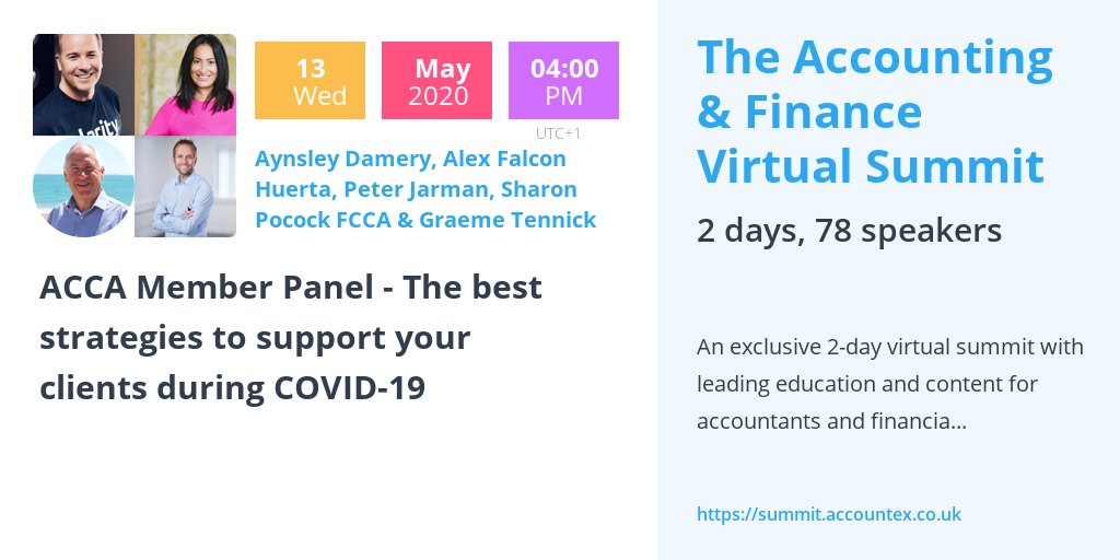 aynsleydamery's tweet image. Join @alexmfalcon @SharonPocock_KP @GTAccountancy @PJCOaccountants &amp;amp; me for  #AFVirtualSummit 
13 May 4pm where we talk about 
the best strategies to support your clients during #COVID19 👇

summit.accountex.co.uk/?sc=Jlw4bQvV 

100% of the proceeds raised from the summit are going to @NHSuk