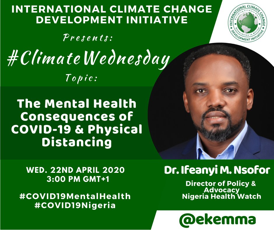 Dear great advocates, 

You can start sending in your questions to our guest speakers Dr. <a href="/ekemma/">Ifeanyi Nsofor</a> on #ClimateWednesday. 

Make sure you use the hashtag when asking your questions.

#COVID19MentalHealth