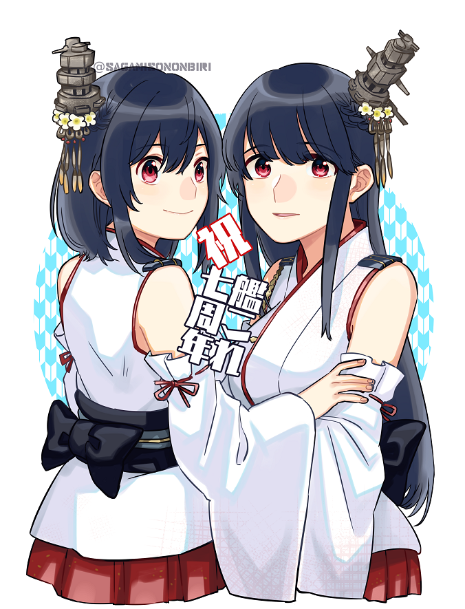 fusou (kancolle) ,yamashiro (kancolle) multiple girls black hair 2girls red eyes long hair hair ornament detached sleeves  illustration images