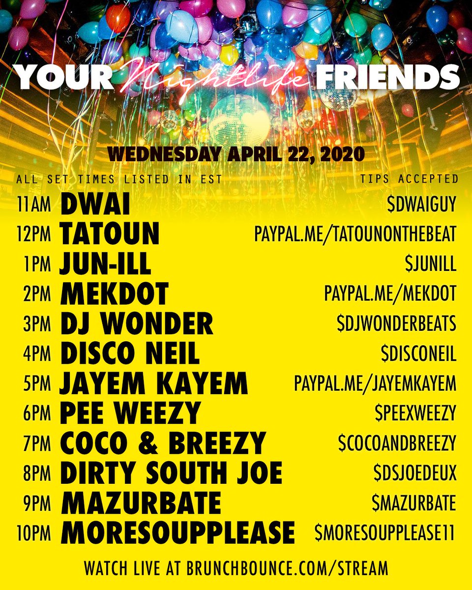 We're live! Come dance the day away. Log into <a href="/Twitch/">Twitch</a> to chat. 💃🏽🕺🏽🔊💻: brunchbounce.com/stream