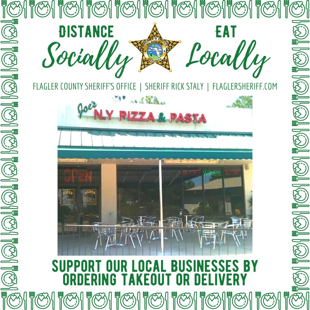 FlaglerSheriff's tweet photo. THANK YOU to the anonymous donor who purchased meals for night shift on Sunday night from Joe's New York Pizza & Pasta Inc.! Joe's is opened for take-out and delivery at
https://t.co/Yo1SUydt9Y or by calling 386-445-1650. #DistanceSocially #EatLocally #FCSO https://t.co/Z6W6nUdU3m
