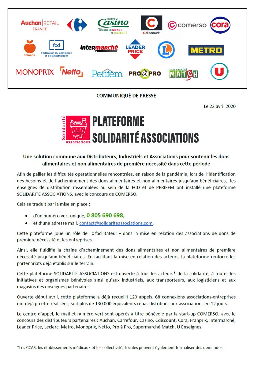 FCDfrance's tweet photo. Commune aux distributeurs, industriels et associations, la plateforme Solidarité Associations permet de soutenir les dons alimentaires et non alimentaires de première nécessité en cette période. En 12 jours, 130 000 repas ont déjà été pu être distribués. @ComersoFr @assoperifem https://t.co/FXXdJSEVUX