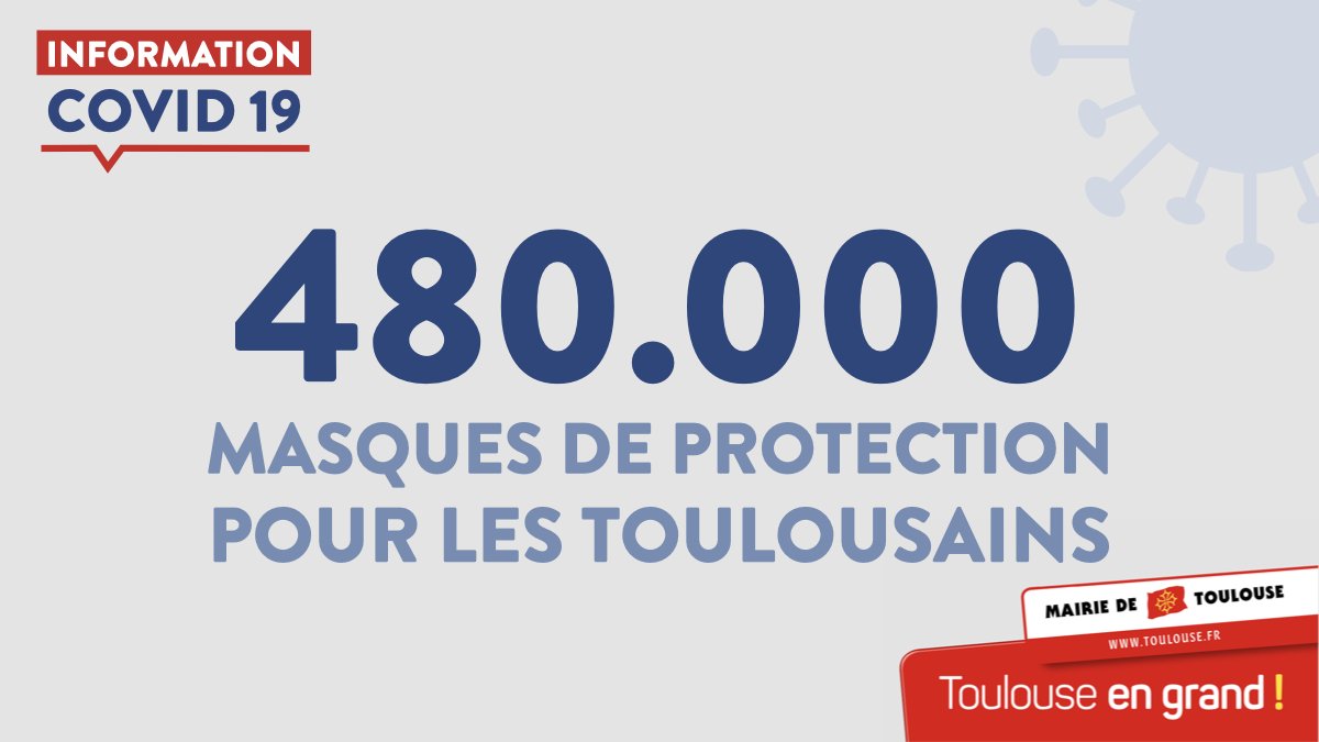 Toulouse's tweet photo. 😷 La mairie de #Toulouse a passé la commande de 480 000 masques qui seront distribués, gratuitement, aux habitants courant mai. 
Le point en 6 questions 👉🏻 https://t.co/J7HcQa0lsZ https://t.co/TOqTOvpFIO